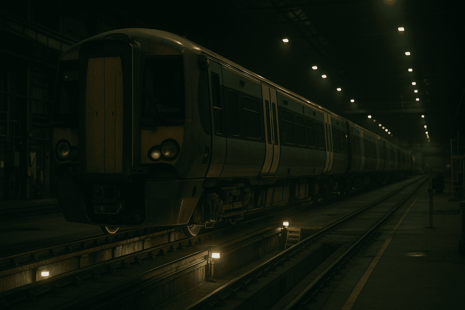 Quiet depot, unit stabled over the pit, traction confirmed isolated. You've got the exam schedule on the hand-terminal and a section to work through under direction. Methodical beats fast — the exam exists to catch the thing nobody's noticed yet.