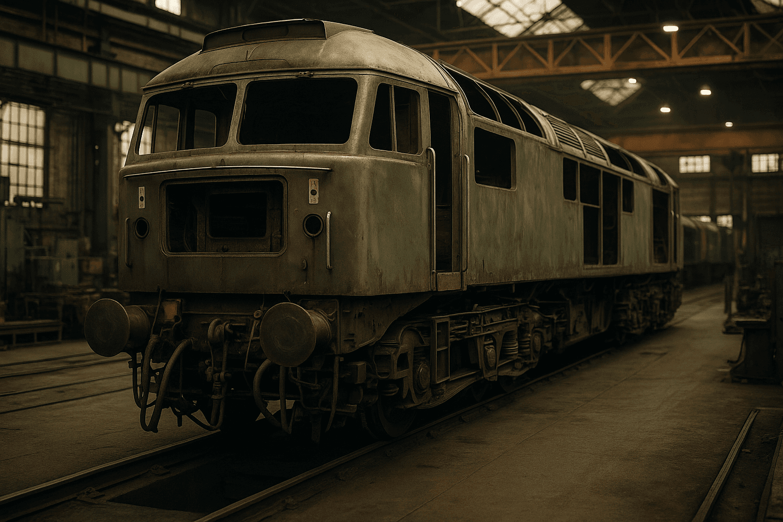 The donor locomotive is 35 years old. The Sulzer engine has already been lifted out; the empty engine room waits for the EMD 645 unit. The bodyshell and the two bogies are what you have to make a decision about. Reuse what is sound — remanufacture what is not. Everything you sign off carries the loco for another 30 years.